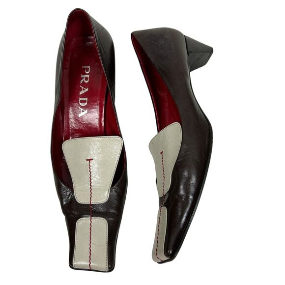 Prada Vintage Square Toe Y2K Block Kitten Heel Leather Heels 7 - Picture 1 of 8